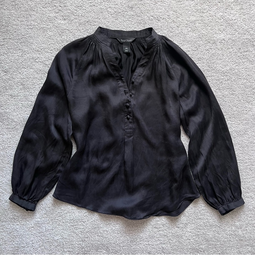 White House Black Market Black Silk Buttoned Cinched Blouse